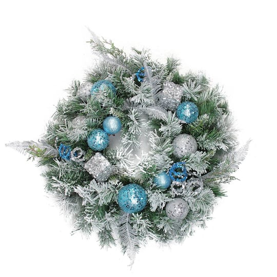 Northlight 24" Blue and Silver Sequin Ornaments Artificial Flocked Pine Christmas Wreath - Unlit - Blue